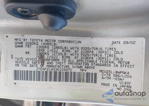 2003 Toyota Highlander Limited V6 from USA, damaged, VIN JTEHF21A330104972